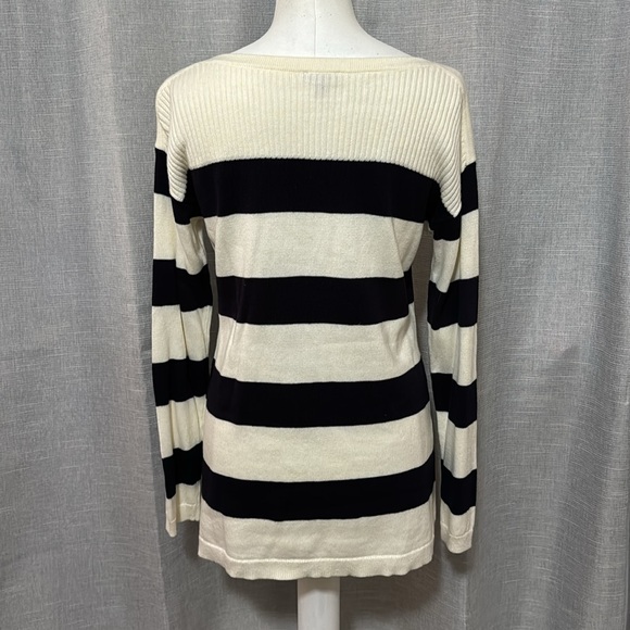 Talbots Cotton Rayon Sweater-Sz S-Navy Cream Stripes-Wider Neck-Notched Side-EUC - Picture 7 of 16
